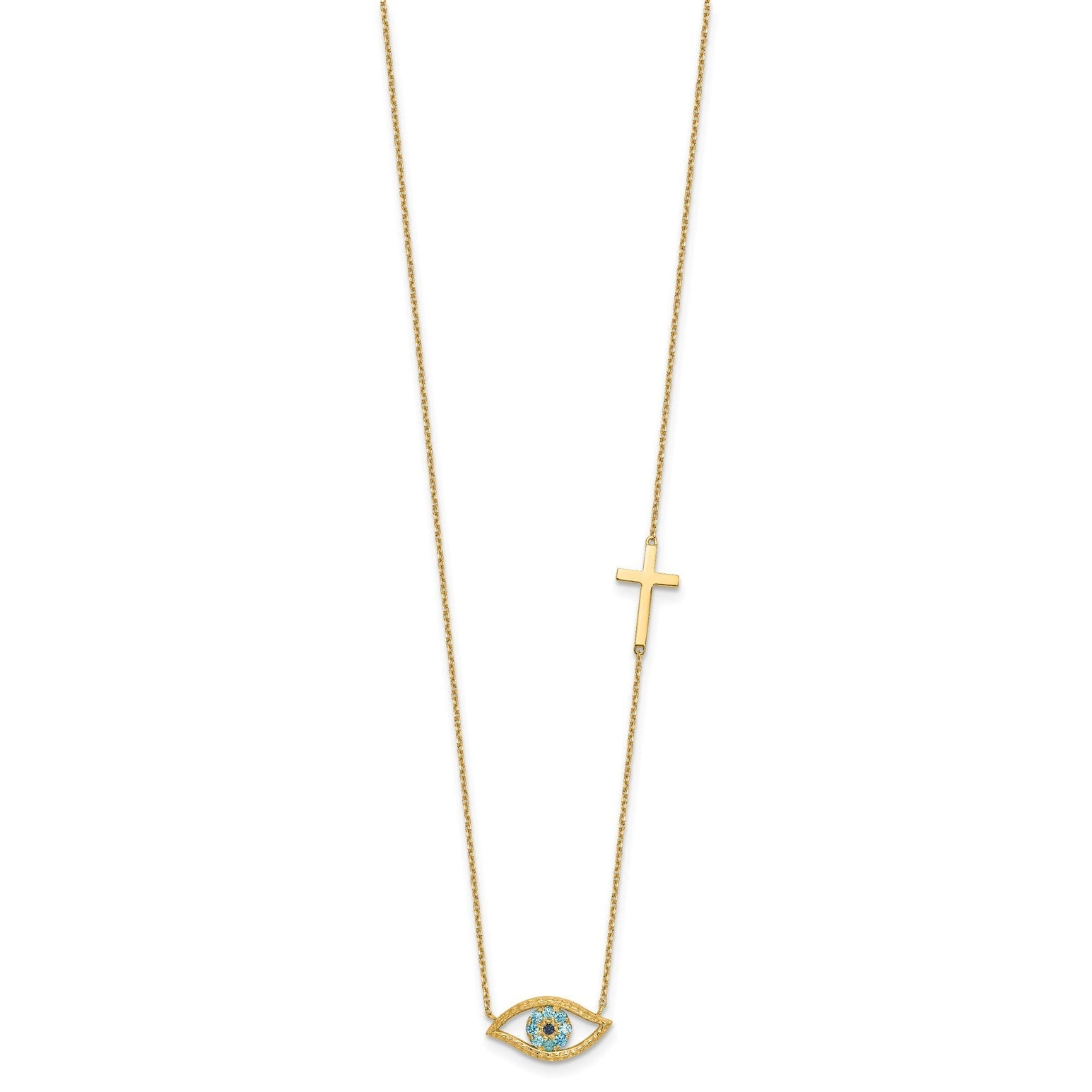 14K Yellow Gold CZ Evil Eye and Cross Pendant Adjustable Necklace, 18 to 20 - JewelryAffairs