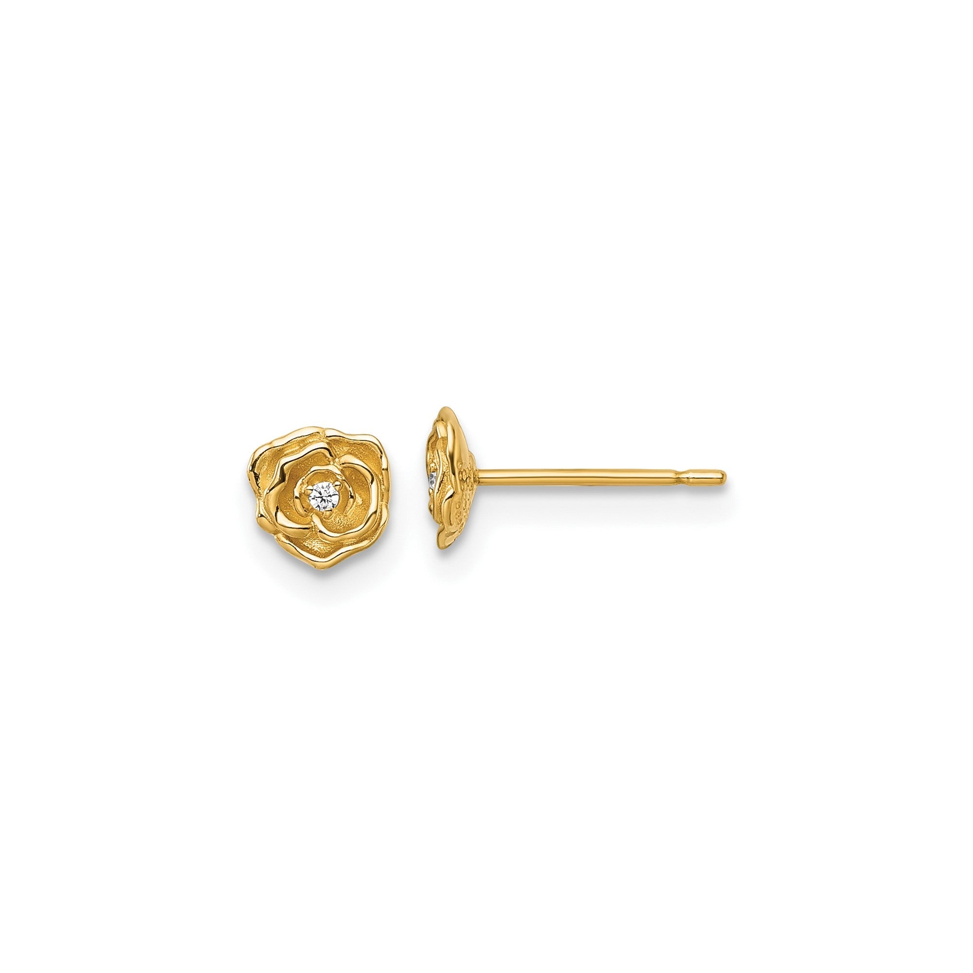 14k Yellow Gold CZ Flower Rose Stud Earrings, 5x5mm - JewelryAffairs