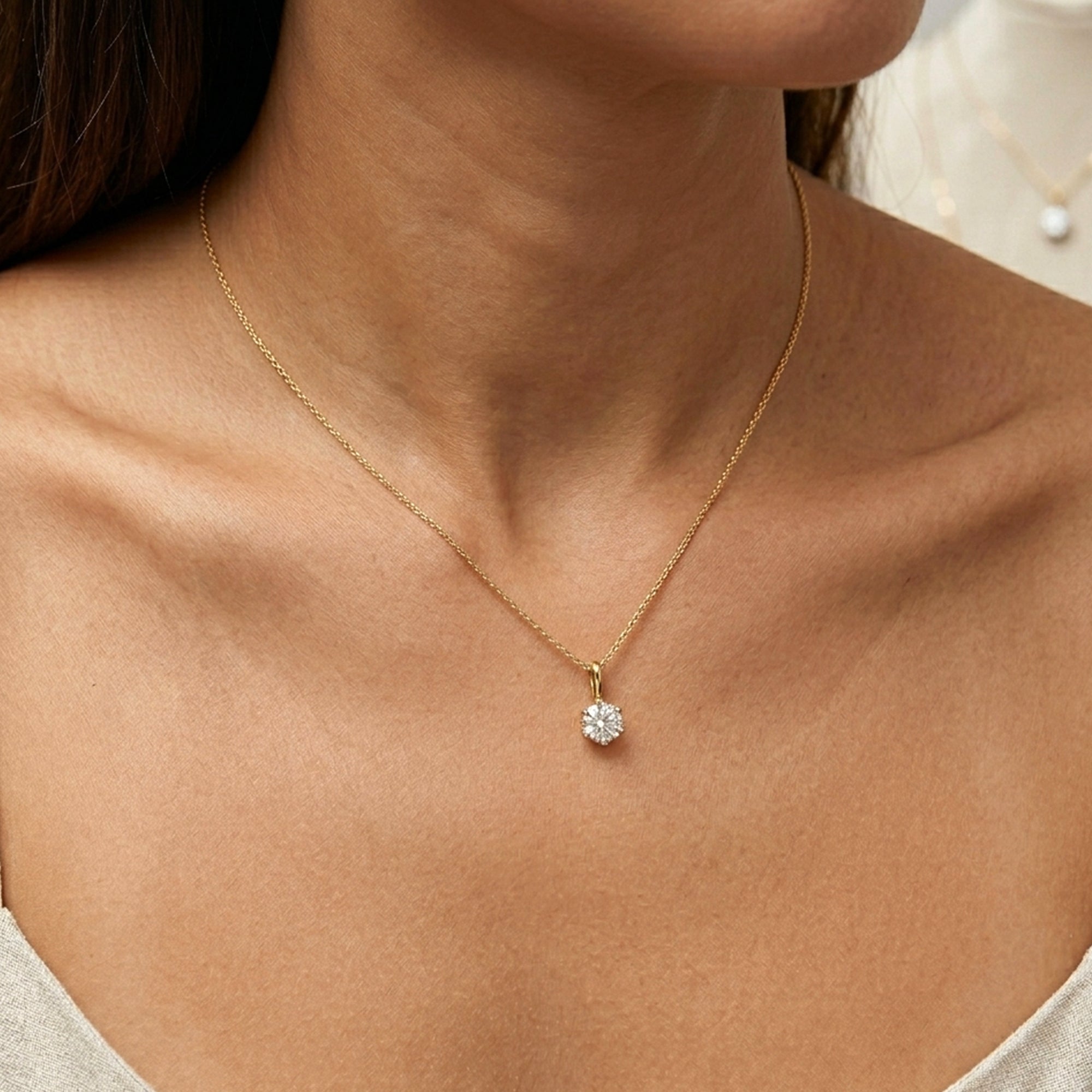 14K Yellow Gold CZ Solitaire Pendant Necklace, 18"