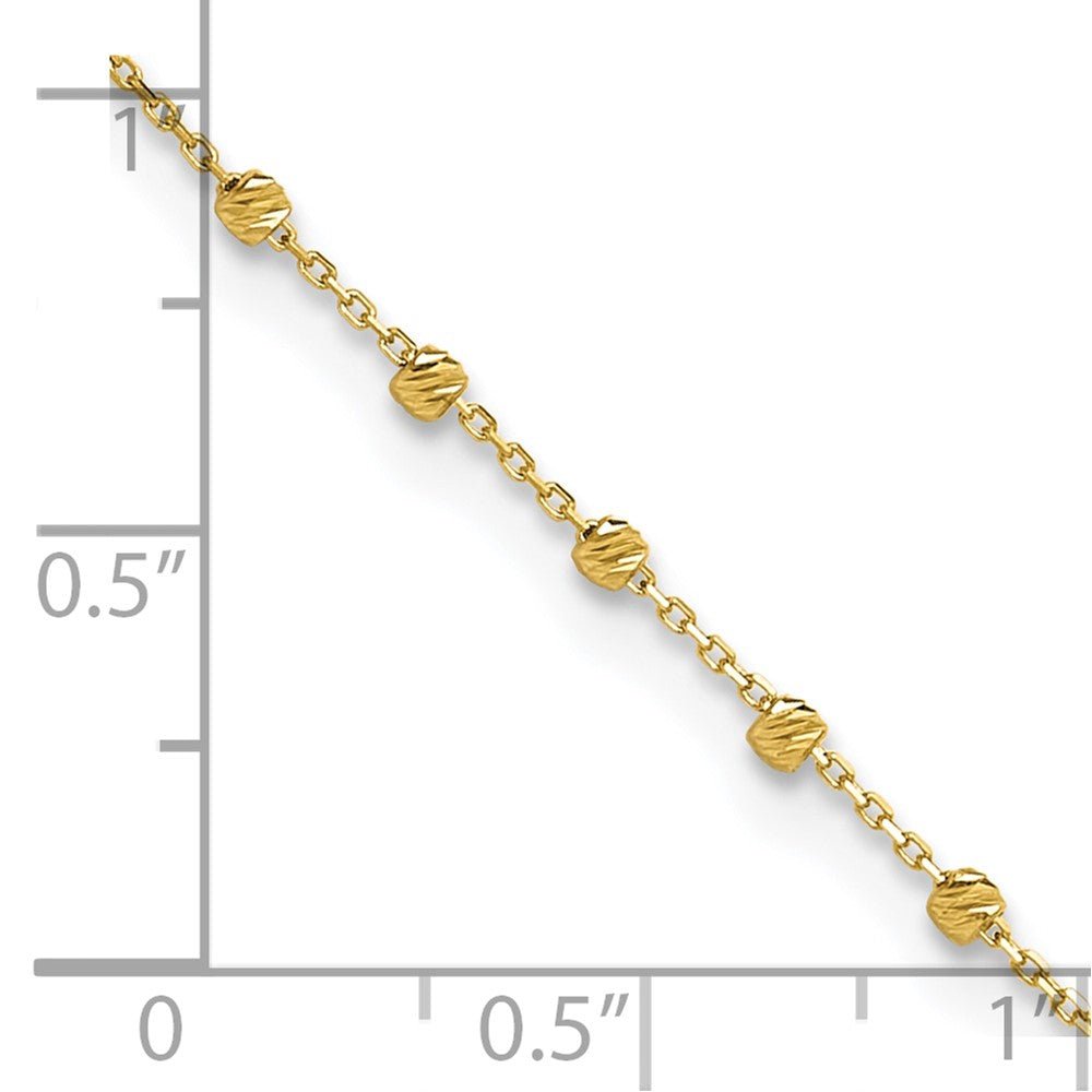 14k Yellow Gold Diamond-cut Beaded Charm Adjustable Anklet, 9 to 9.75 Inches