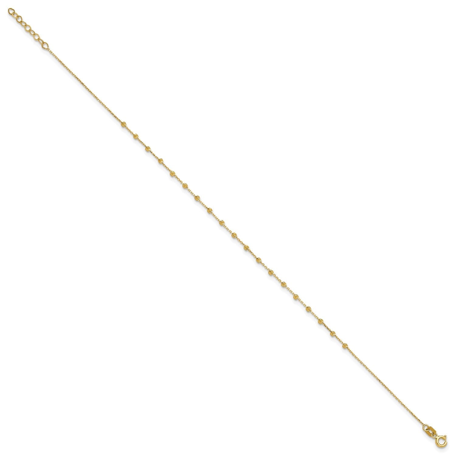 14k Yellow Gold Diamond-cut Beaded Charm Adjustable Anklet, 9 to 9.75 Inches
