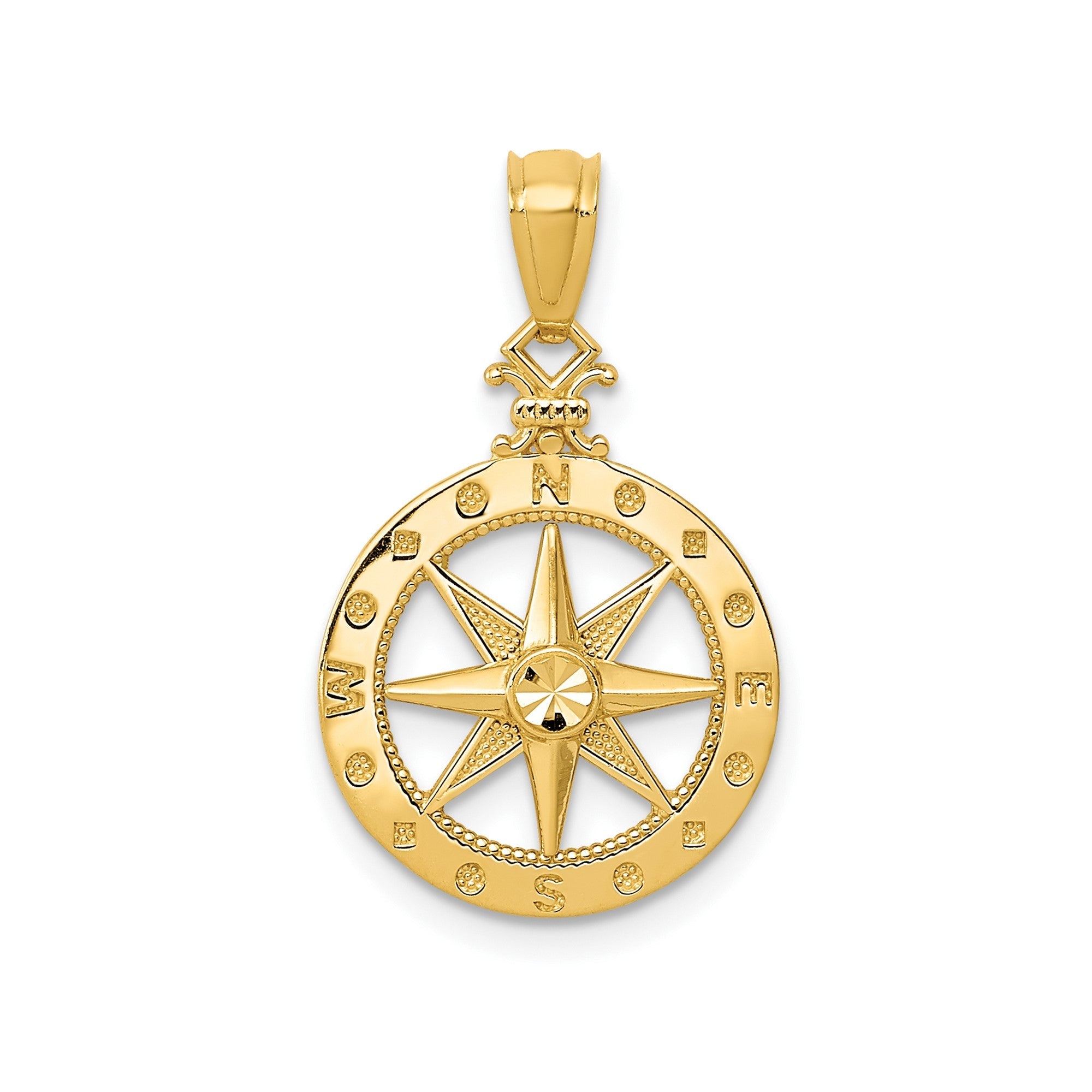 14k Yellow Gold Diamond - cut Compass Pendant, 22mm - JewelryAffairs