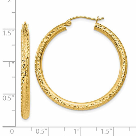 14K Yellow Gold Diamond Cut Round Hoop Earrings, Diameter 3x35mm