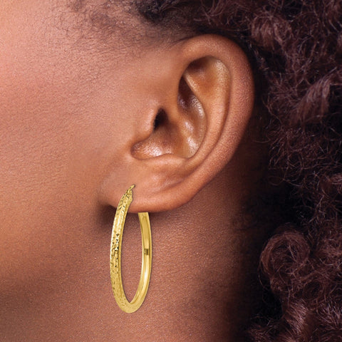 14K Yellow Gold Diamond Cut Round Hoop Earrings, Diameter 3x35mm