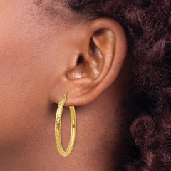 14K Yellow Gold Diamond Cut Round Hoop Earrings, Diameter 3x35mm