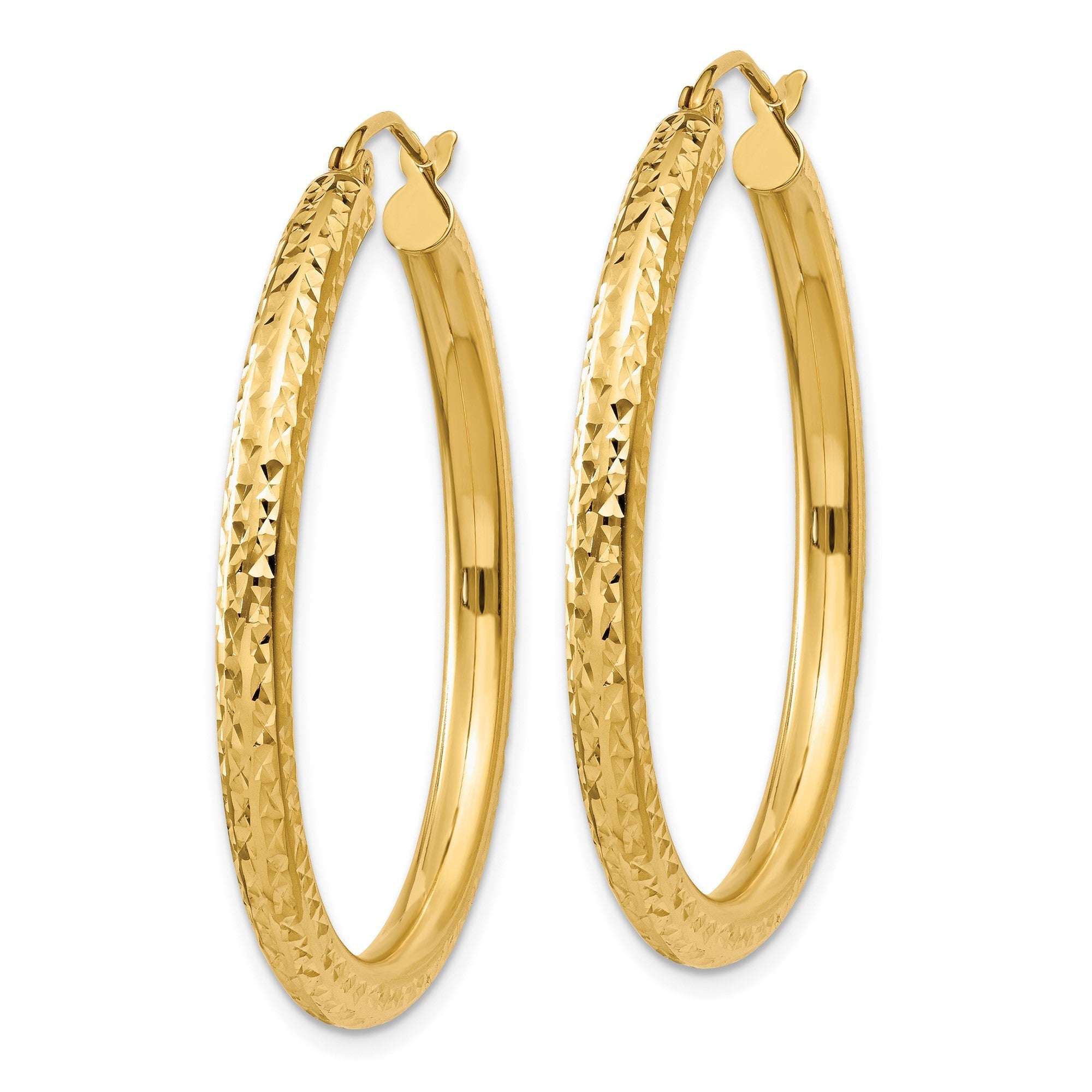14K Yellow Gold Diamond Cut Round Hoop Earrings, Diameter 3x35mm