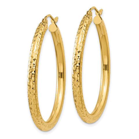 14K Yellow Gold Diamond Cut Round Hoop Earrings, Diameter 3x35mm