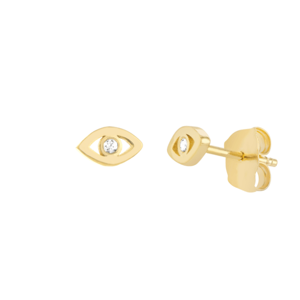 14k Yellow Gold Diamond Open Mini Evil Eye Stud Earrings 5mm