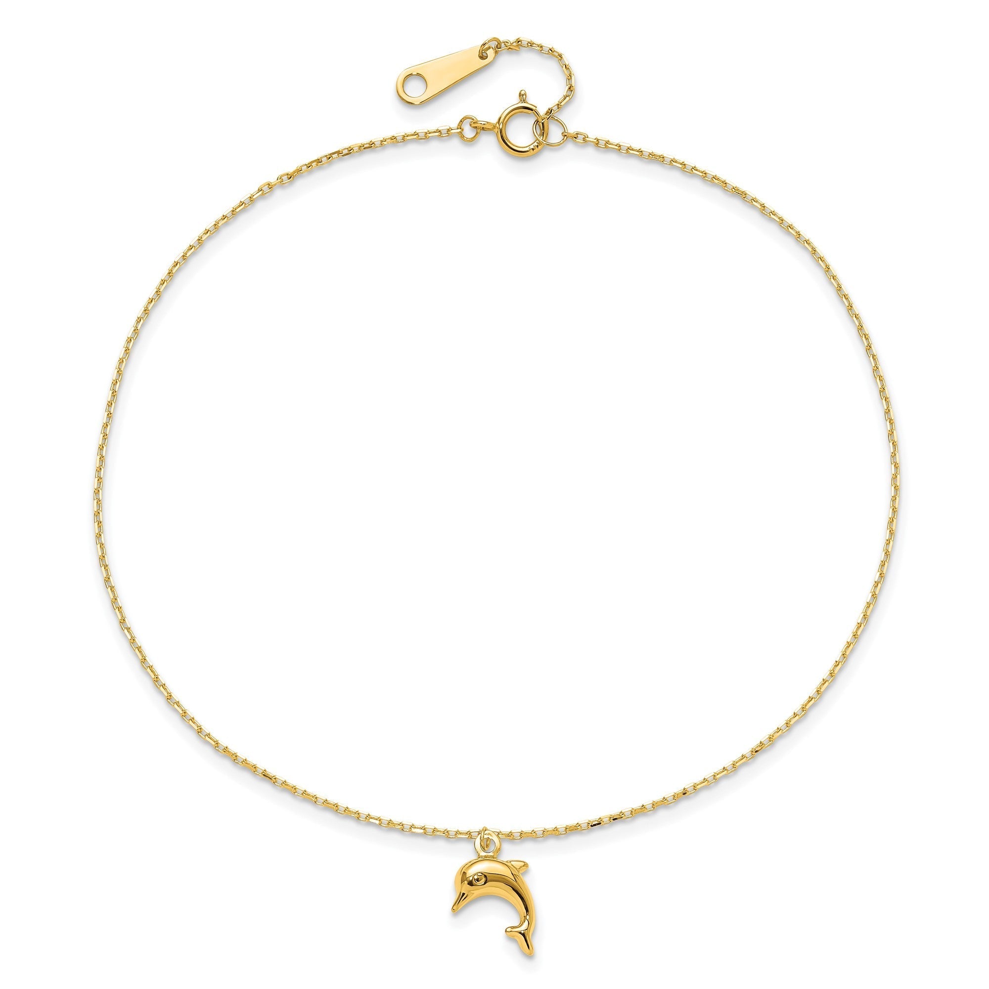 14k Yellow Gold Dolphin Charm Anklet, 9-10 Inch