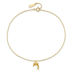14k Yellow Gold Dolphin Charm Anklet, 9-10 Inch