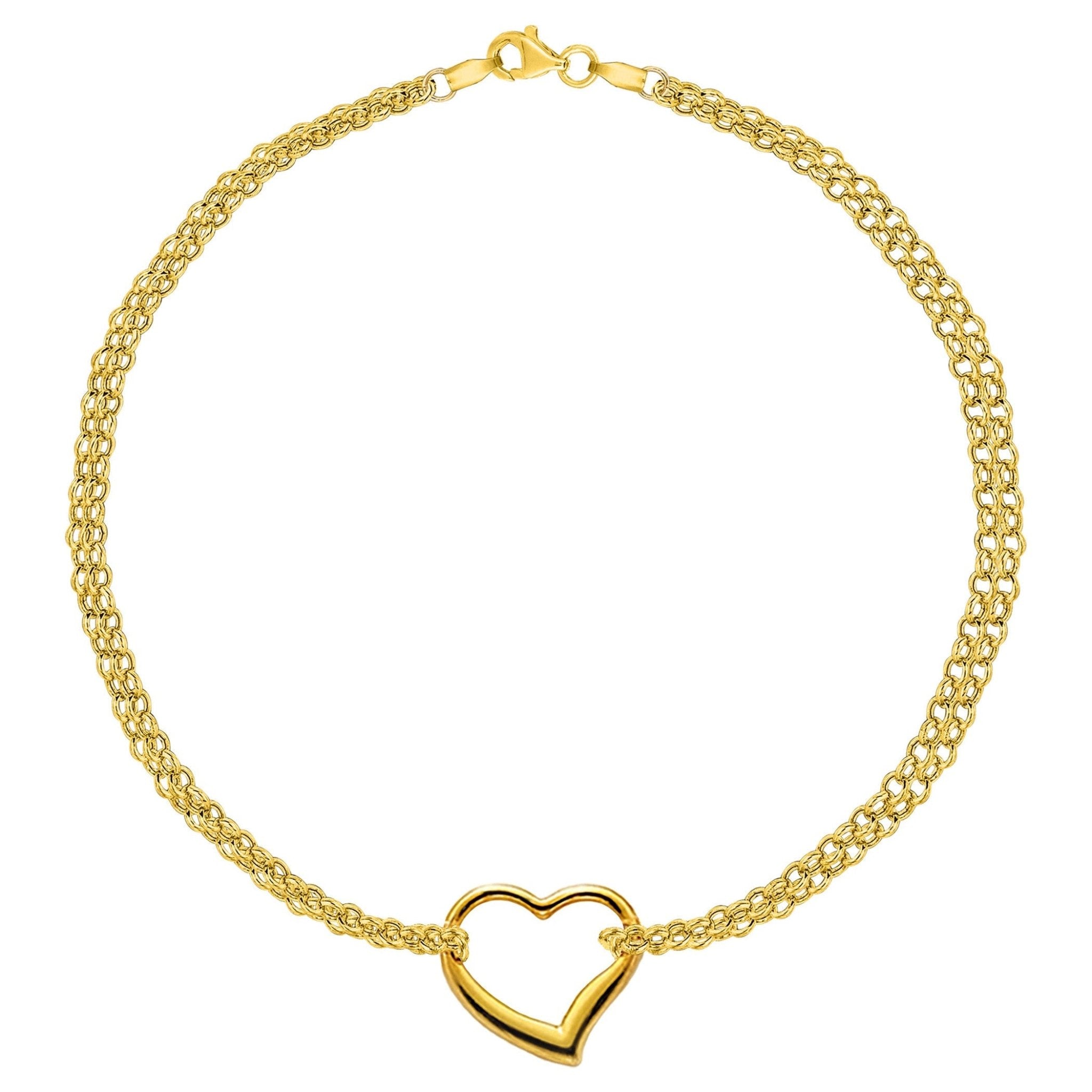14K Yellow Gold Double Strand With Heart Anklet, 10
