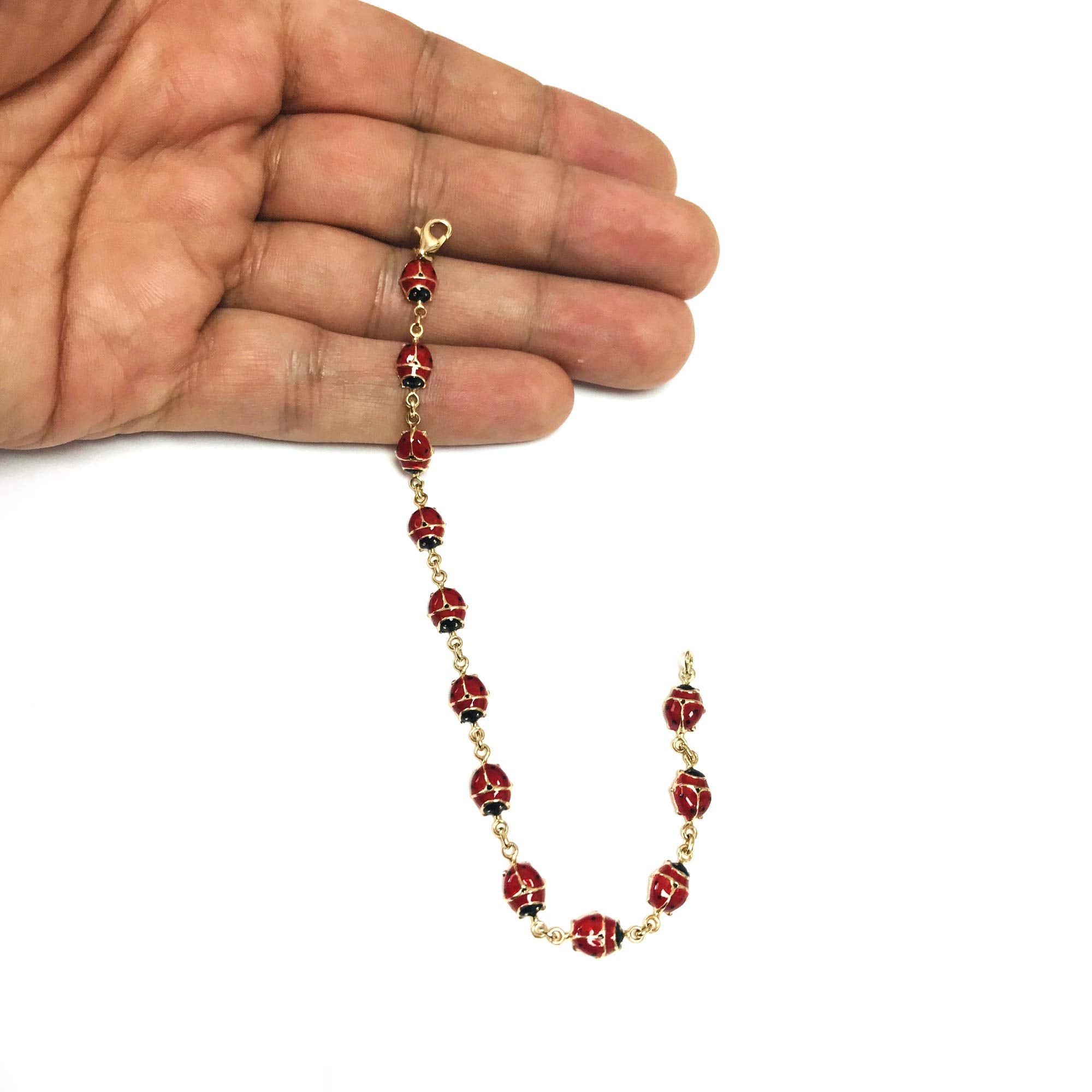 14k Yellow Gold Enamel Ladybug Fancy Bracelet, 7" - JewelryAffairs