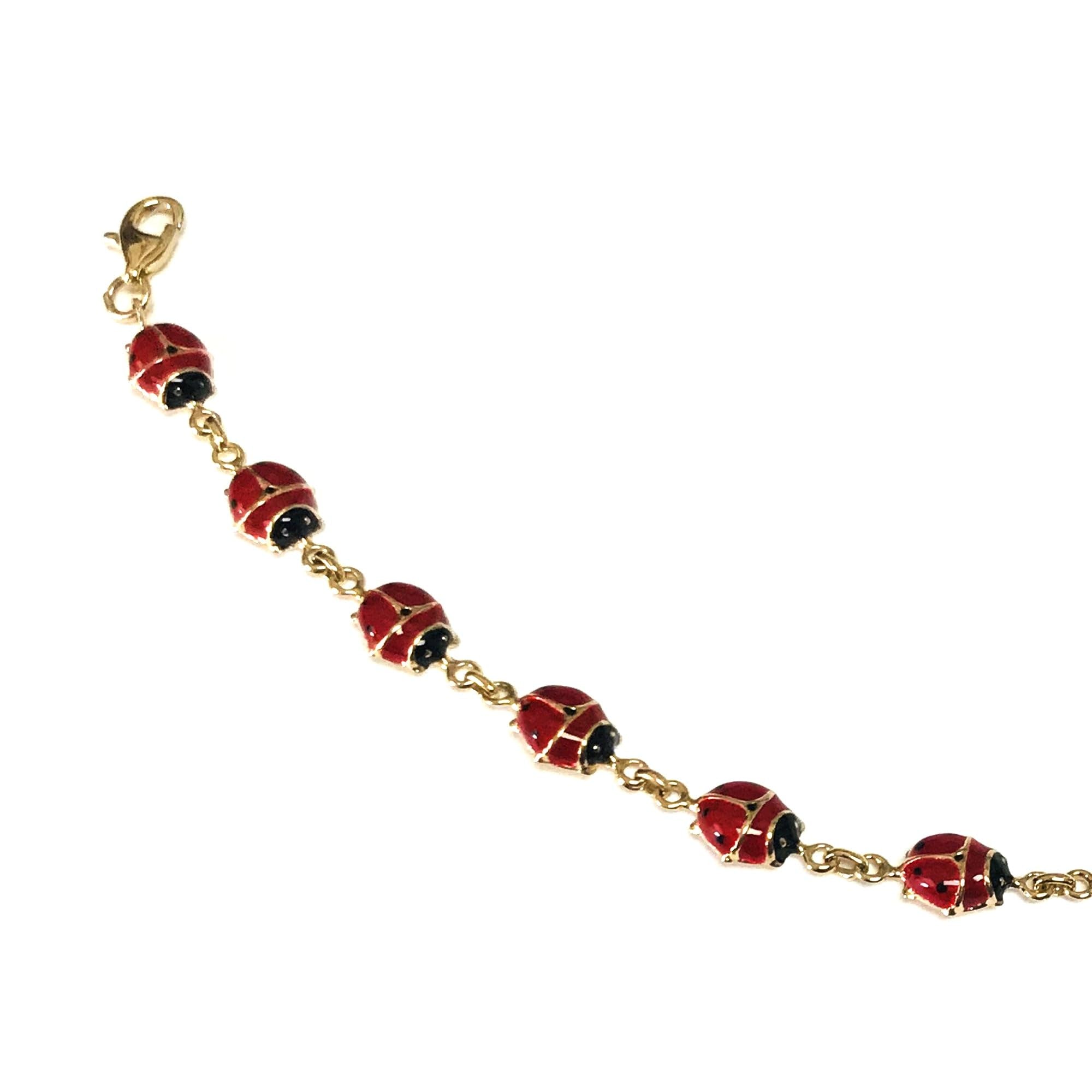14k Yellow Gold Enamel Ladybug Fancy Bracelet, 7" - JewelryAffairs