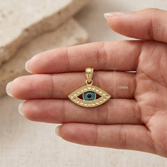 14K Yellow Gold Evil Eye Pendant with CZ Stones and Enamel