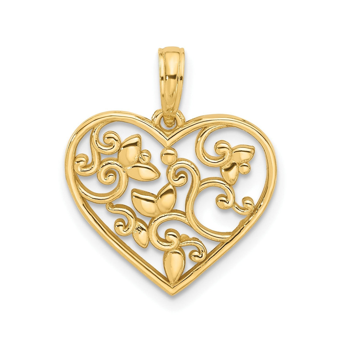 14K Yellow Gold Fancy Flower Design Heart Pendant, 20x18mm - JewelryAffairs
