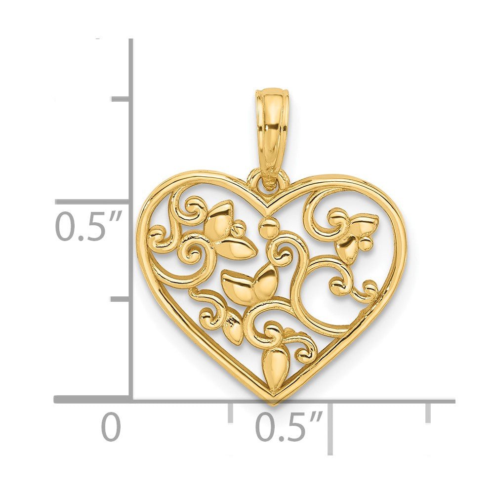 14K Yellow Gold Fancy Flower Design Heart Pendant, 20x18mm - JewelryAffairs