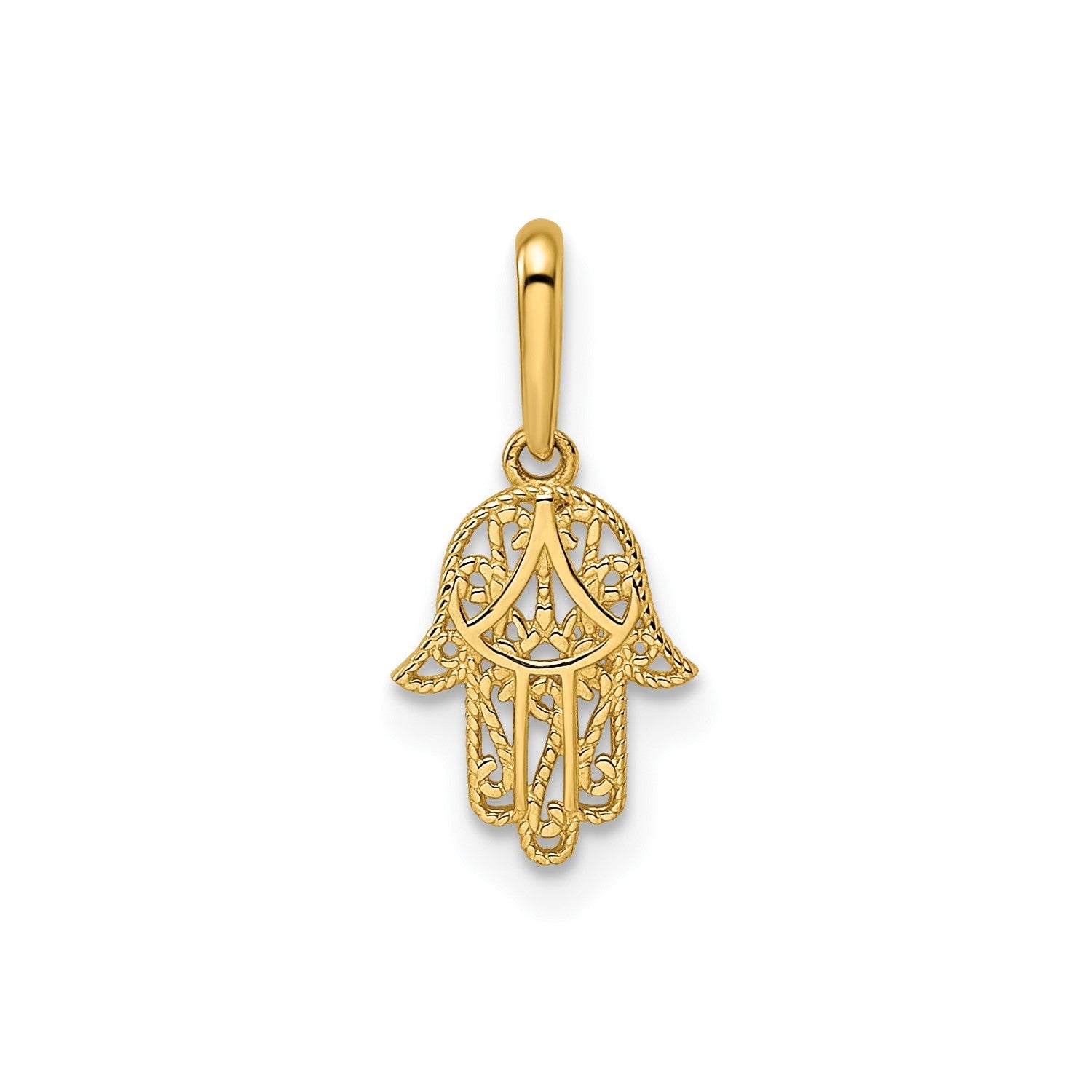 14k Yellow Gold Filigree Hamsa Hand Pendant Charm, 11x8mm - JewelryAffairs
