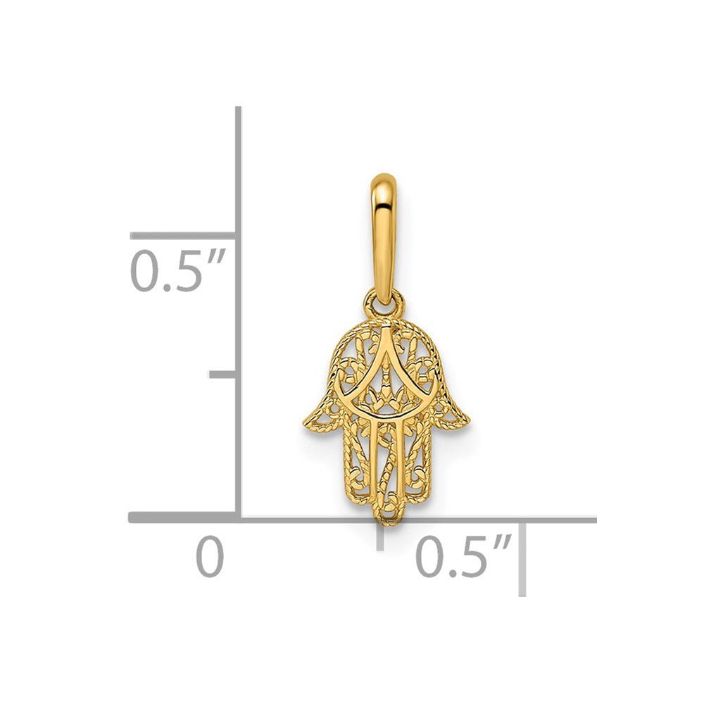 14k Yellow Gold Filigree Hamsa Hand Pendant Charm, 11x8mm - JewelryAffairs