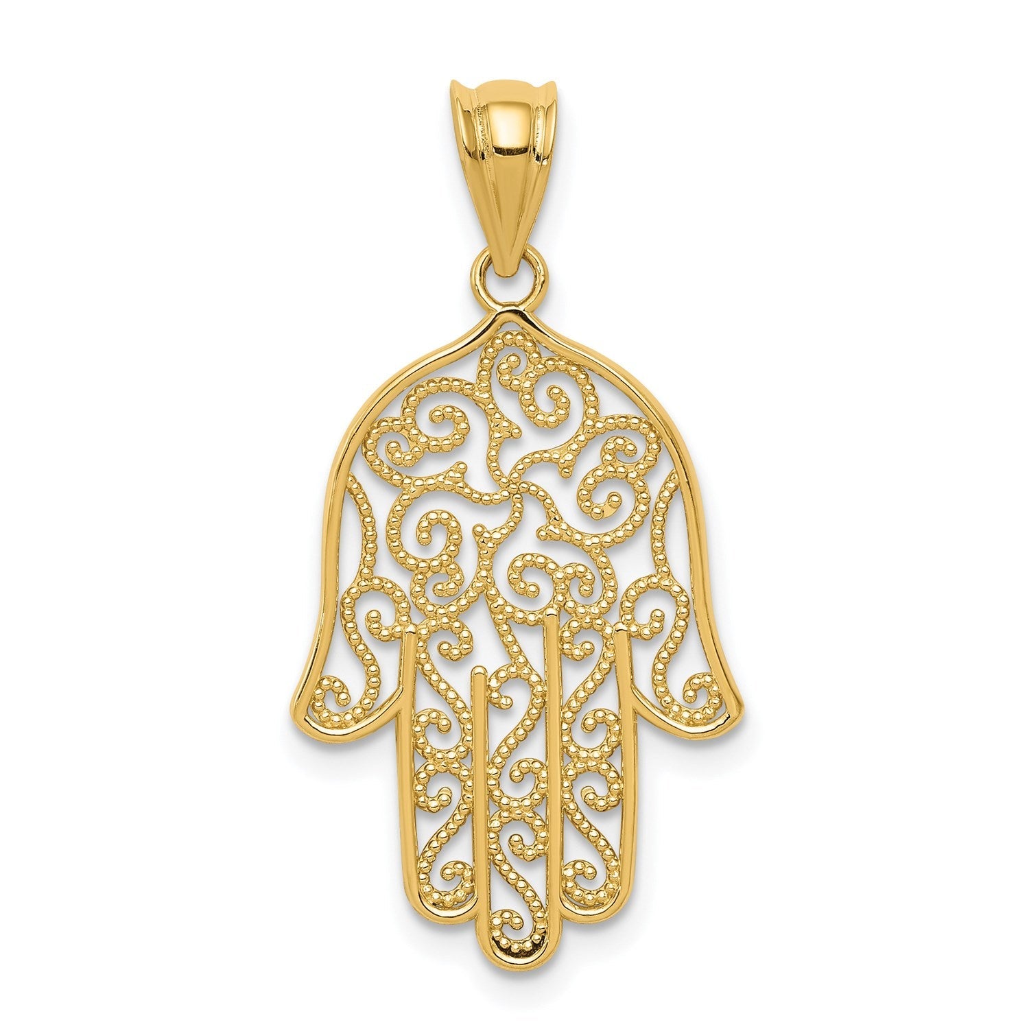 14k Yellow Gold Filigree Hamsa Hand Pendant, Religious Charm, 26mm x 16mm - JewelryAffairs