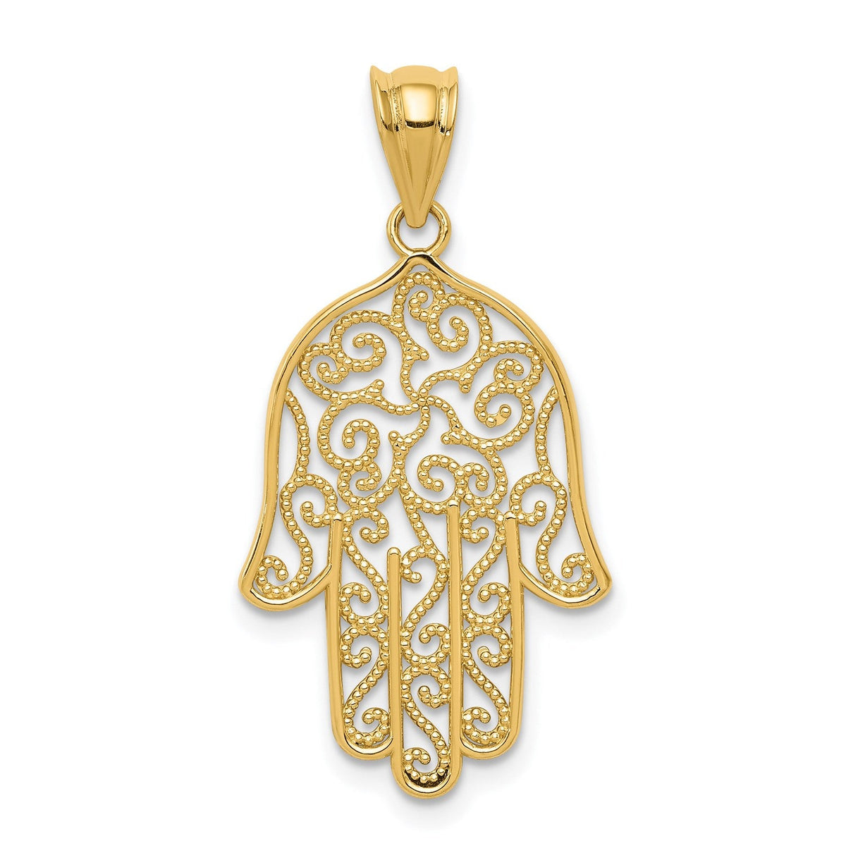 14k Yellow Gold Filigree Hamsa Hand Pendant, Religious Charm, 26mm x 16mm - JewelryAffairs