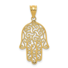 14k Yellow Gold Filigree Hamsa Hand Pendant, Religious Charm, 26mm x 16mm - JewelryAffairs