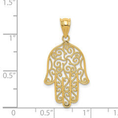 14k Yellow Gold Filigree Hamsa Hand Pendant, Religious Charm, 26mm x 16mm - JewelryAffairs