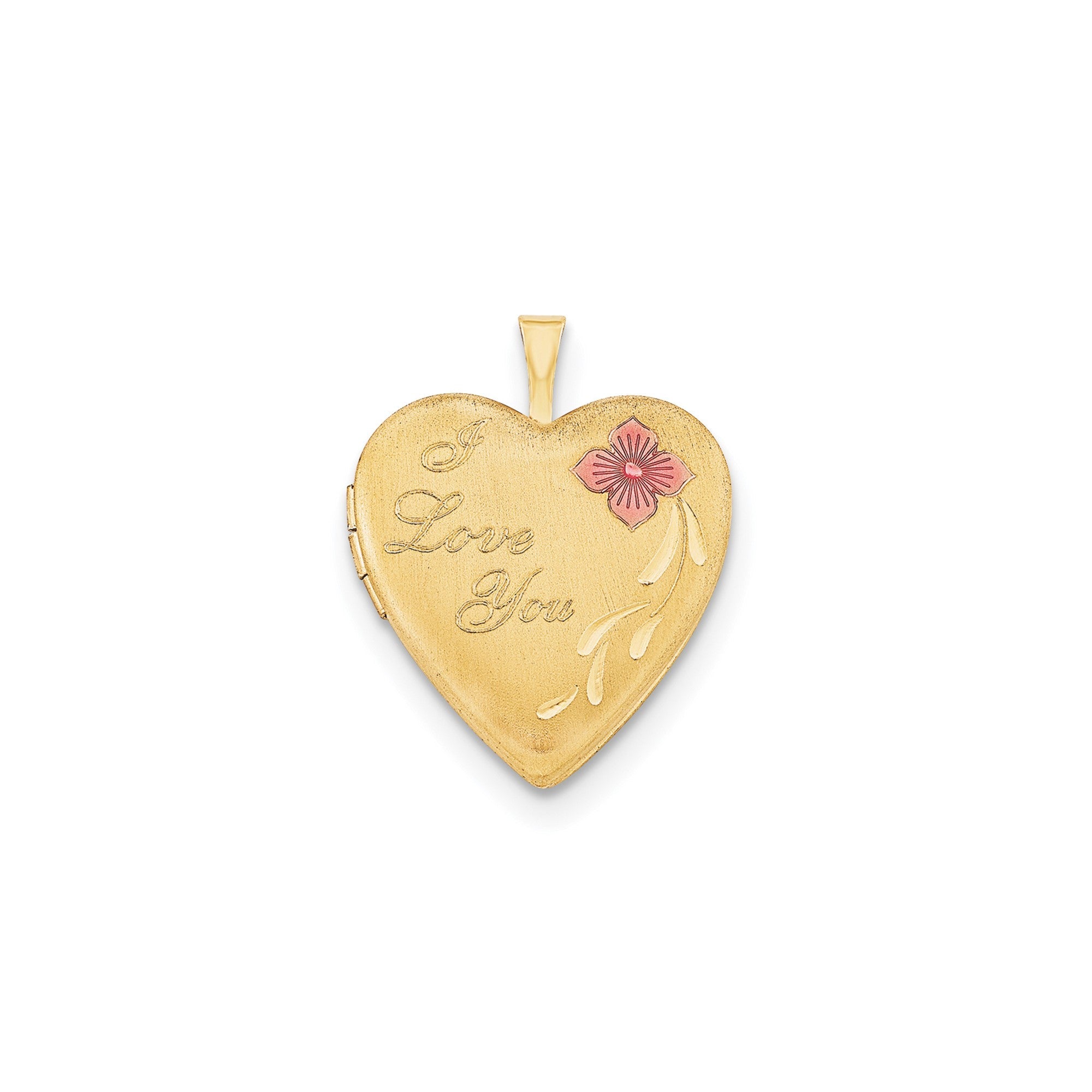 14k Yellow Gold Filled Heart Locket Necklace with I Love You Engraving, 20mm, Red Flower, 18 Inches