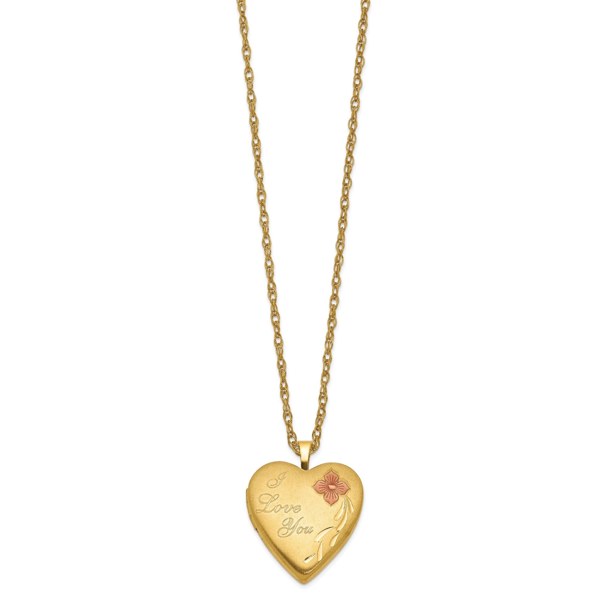 14k Yellow Gold Filled Heart Locket Necklace with I Love You Engraving, 20mm, Red Flower, 18 Inches