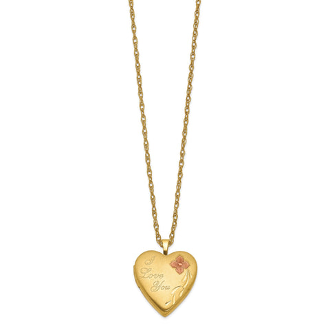 14k Yellow Gold Filled Heart Locket Necklace with I Love You Engraving, 20mm, Red Flower, 18 Inches