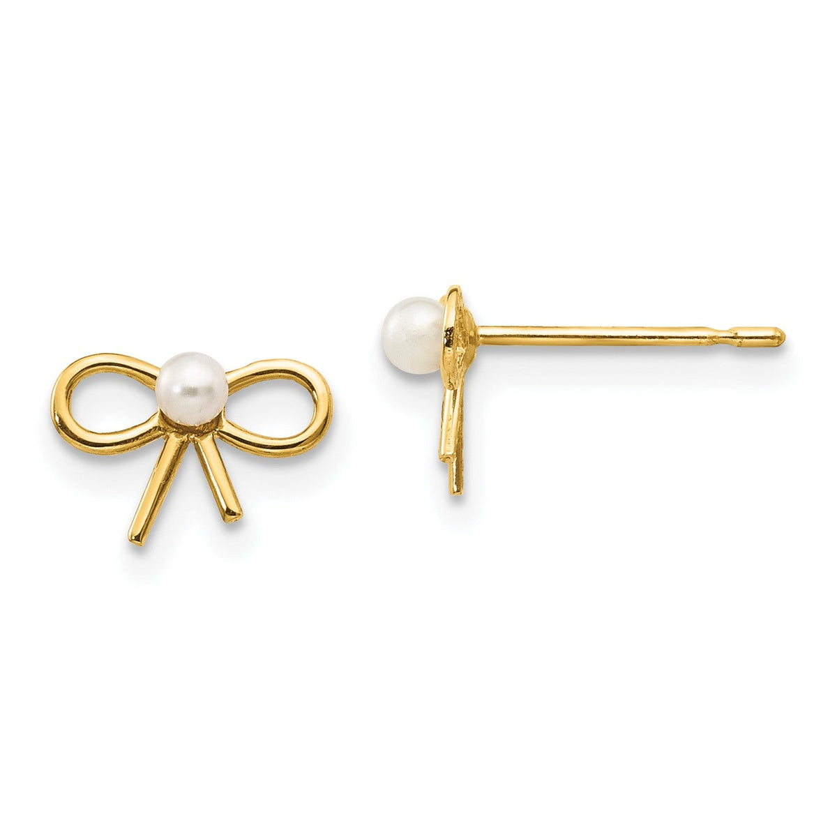 14k Yellow Gold Fresh Water Cultured Pearl Bow Post Stud Earrings, 6x9mm - JewelryAffairs