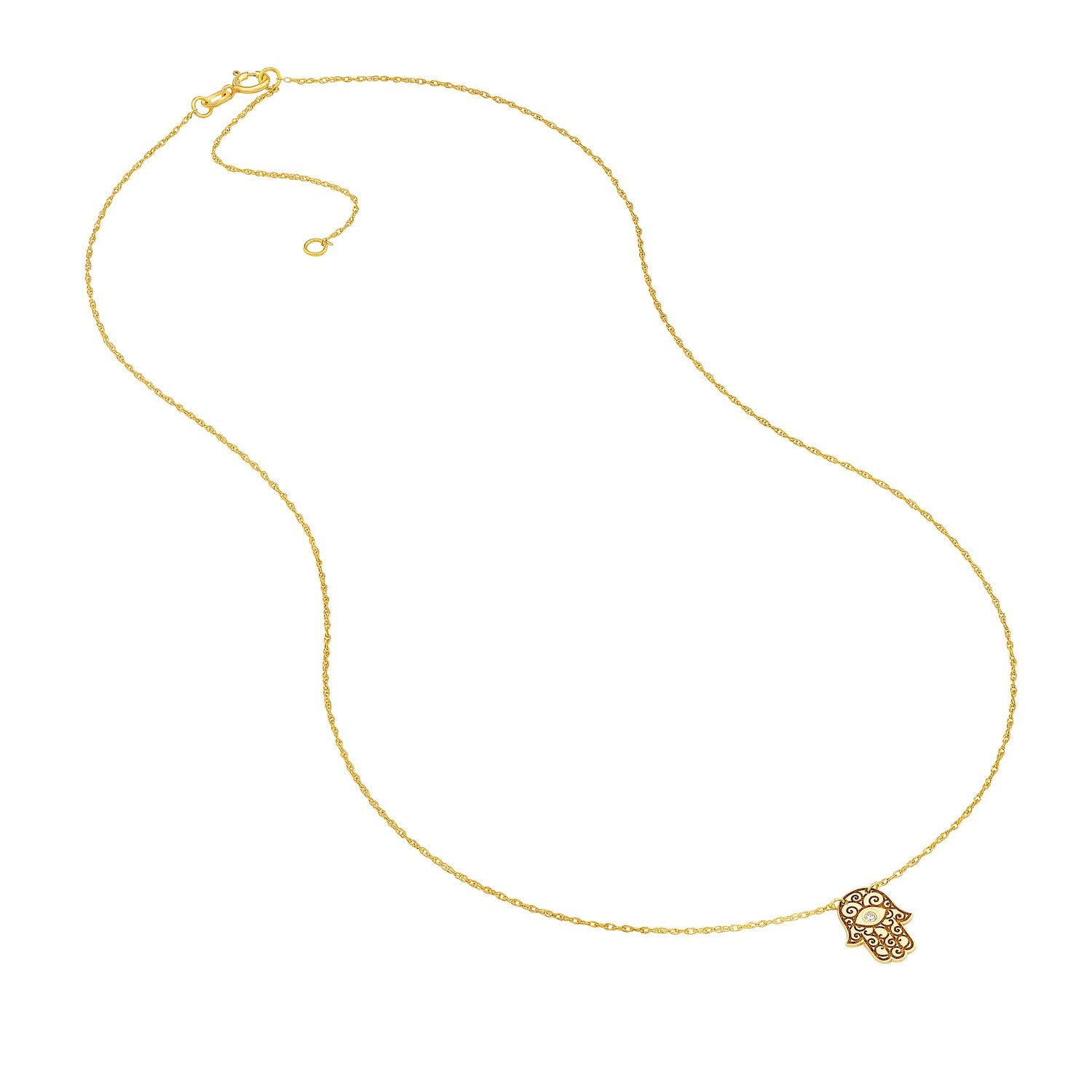 14K Yellow Gold Hamsa Hand Diamond Adjustable Necklace, 16" - 18" - JewelryAffairs