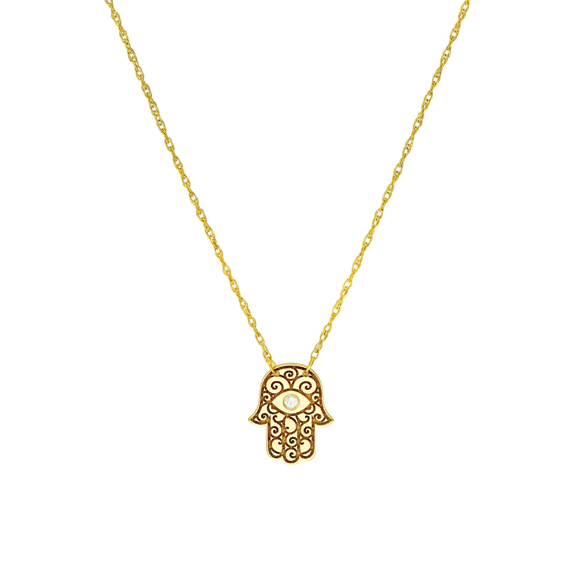 14K Yellow Gold Hamsa Hand Diamond Adjustable Necklace, 16" - 18" - JewelryAffairs
