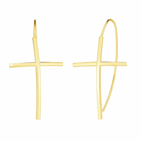 14K Yellow Gold Hanging Cross Charm Earrings