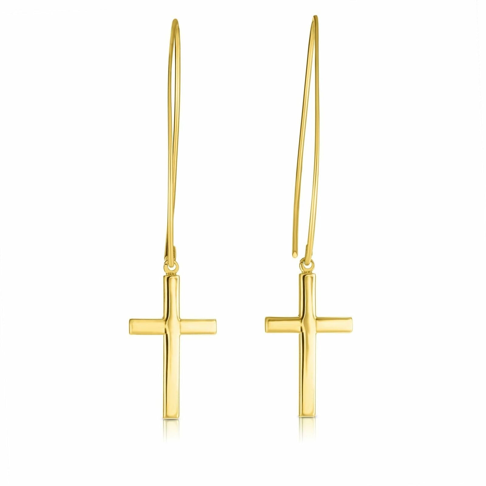 14K Yellow Gold Hanging Cross Charm Earrings
