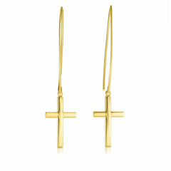 14K Yellow Gold Hanging Cross Charm Earrings