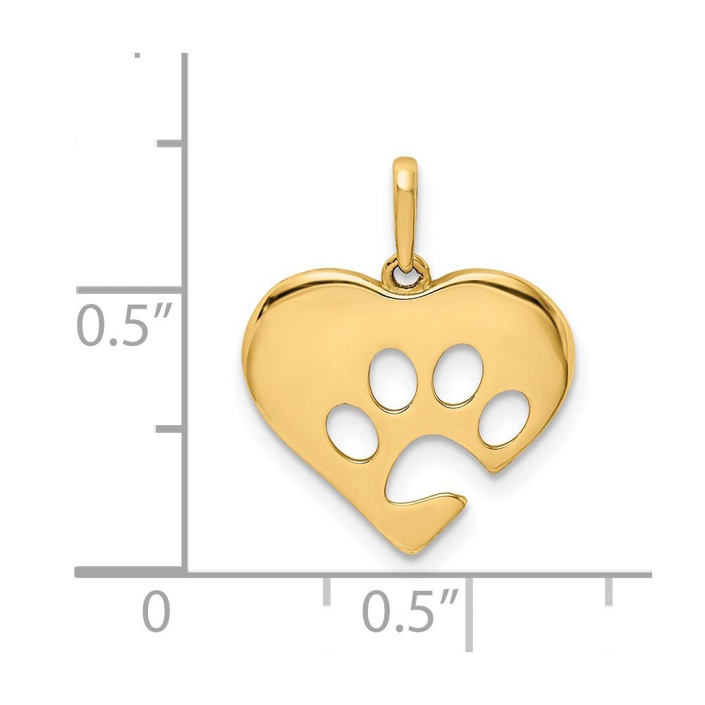 14K Yellow Gold Heart with Paw Print Pendant Charm, 12x12mm - JewelryAffairs