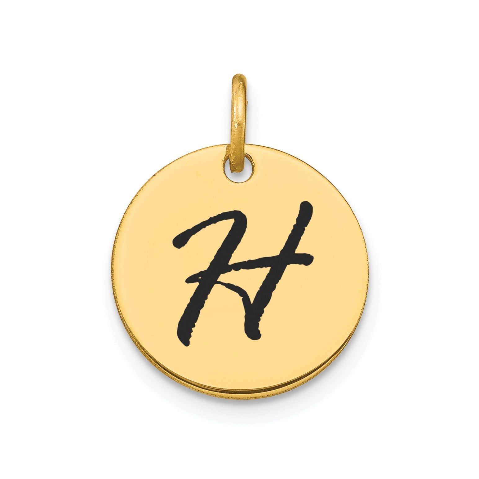 14K Yellow Gold High Polished Black Enamel Initial Disk Pendant 15mm - JewelryAffairs