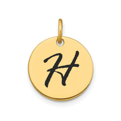 14K Yellow Gold High Polished Black Enamel Initial Disk Pendant 15mm