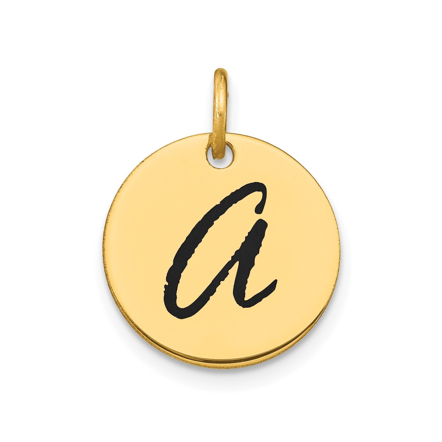 14K Yellow Gold High Polished Black Enamel Initial Disk Pendant 15mm - JewelryAffairs