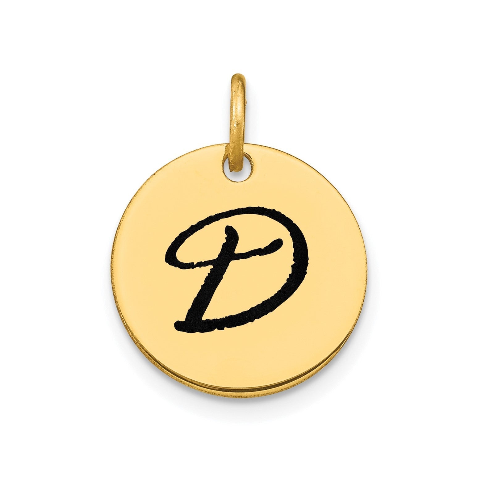 14K Yellow Gold High Polished Black Enamel Initial Disk Pendant 15mm - JewelryAffairs