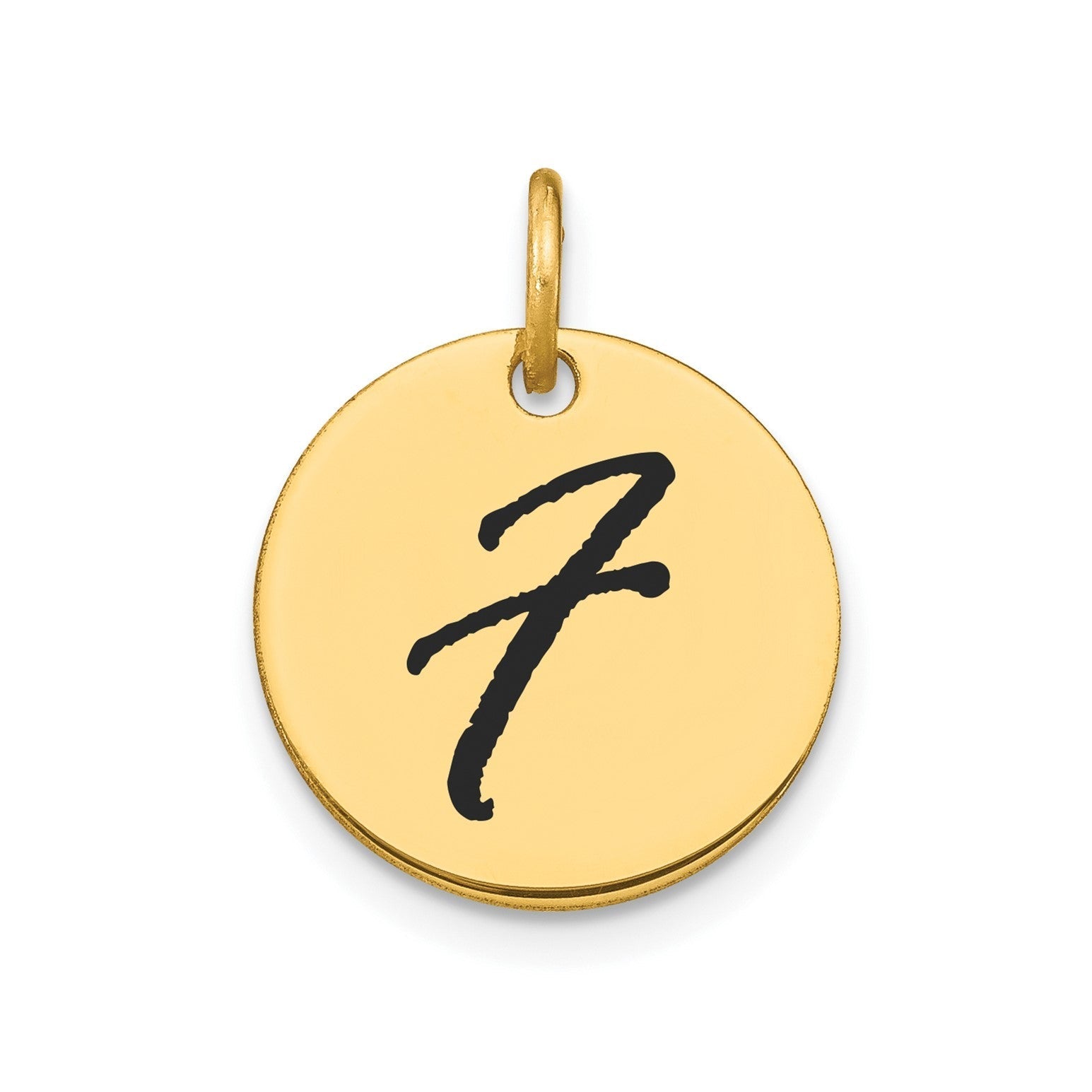 14K Yellow Gold High Polished Black Enamel Initial Disk Pendant 15mm - JewelryAffairs