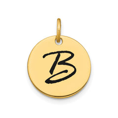 14K Yellow Gold High Polished Black Enamel Initial Disk Pendant 15mm