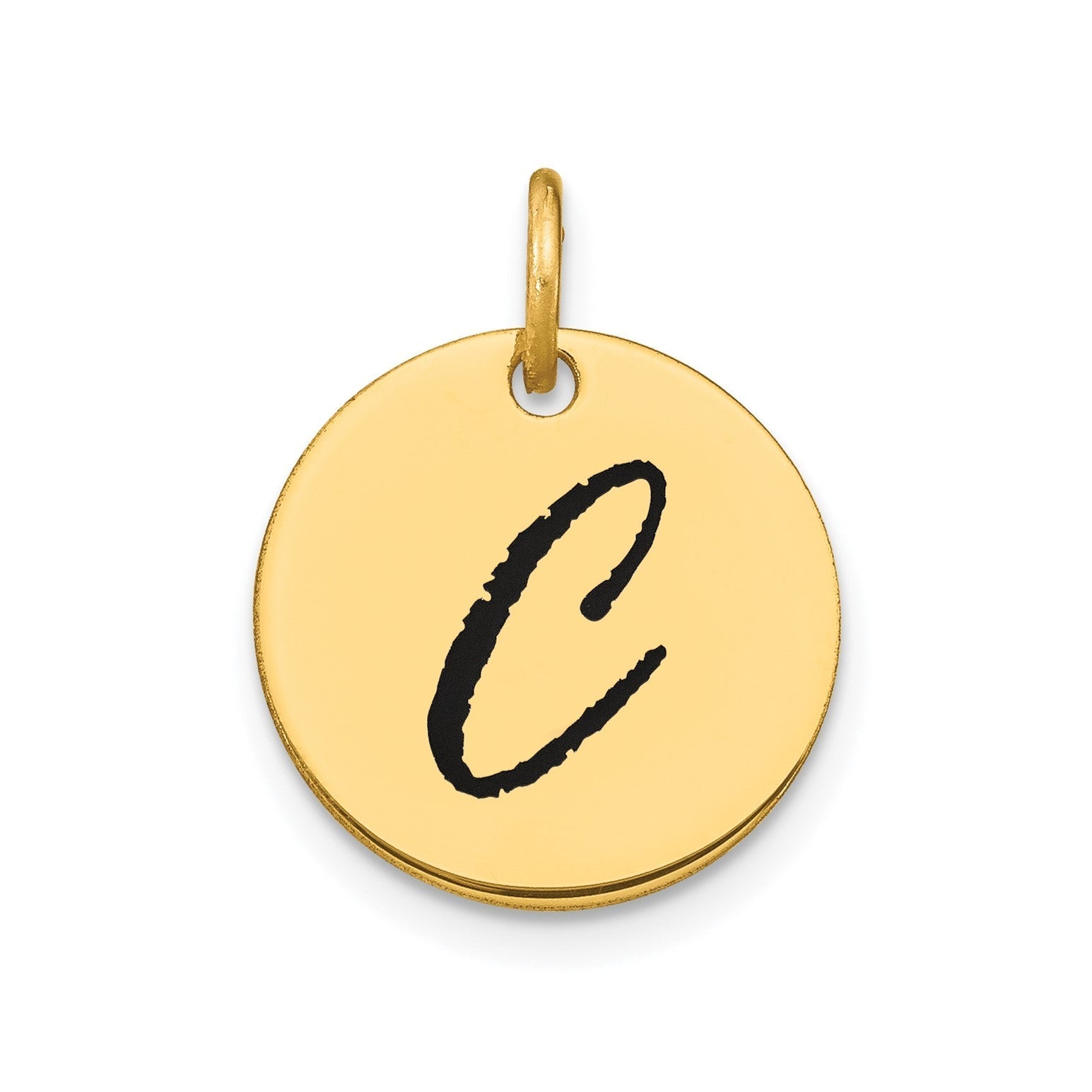 14K Yellow Gold High Polished Black Enamel Initial Disk Pendant 15mm - JewelryAffairs