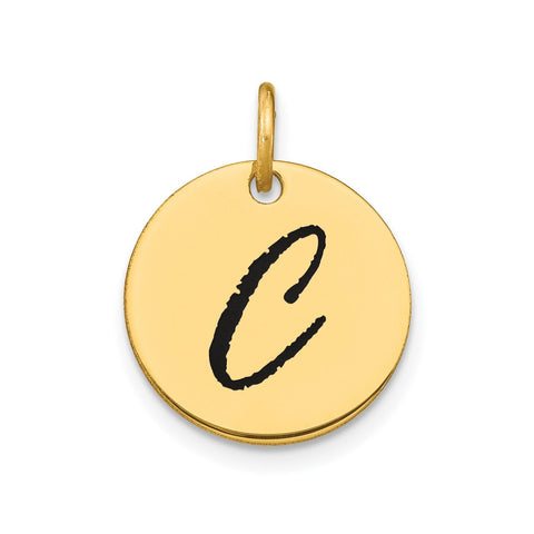 14K Yellow Gold High Polished Black Enamel Initial Disk Pendant 15mm