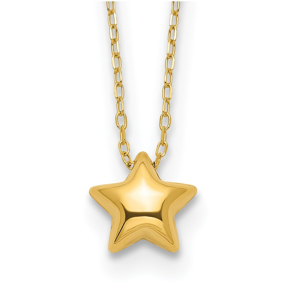 14k Yellow Gold High Polished Puffed Star Pendant Necklace, 16.5 Inches - JewelryAffairs