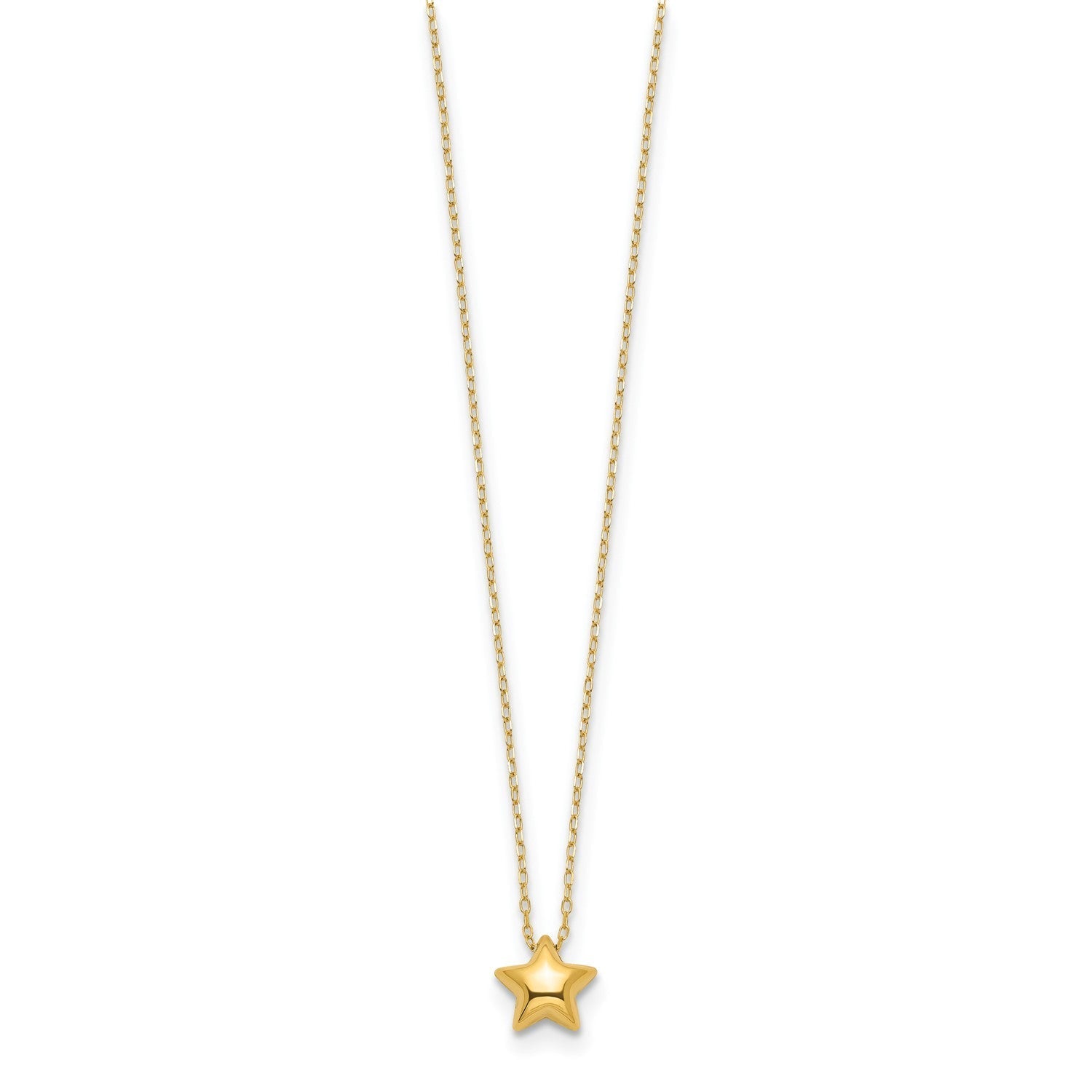 14k Yellow Gold High Polished Puffed Star Pendant Necklace, 16.5 Inches - JewelryAffairs