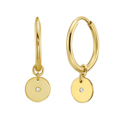 14k Yellow Gold Hoop Earrings with Round Diamond Disc Charm, Classic Style