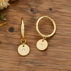 14k Yellow Gold Hoop Earrings with Round Diamond Disc Charm, Classic Style