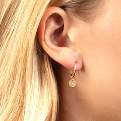14k Yellow Gold Hoop Earrings with Round Diamond Disc Charm, Classic Style