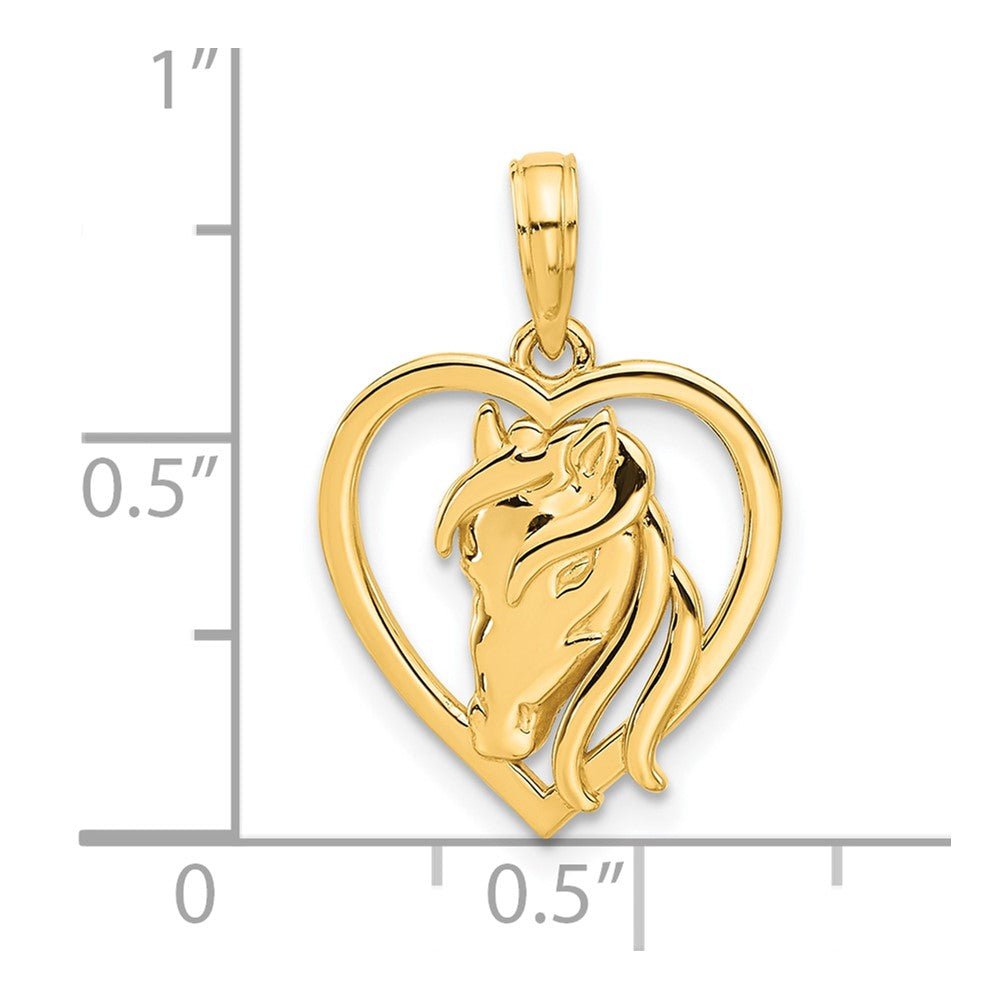 14k Yellow Gold Horse Head And Heart Pendant, 22x15mm - JewelryAffairs